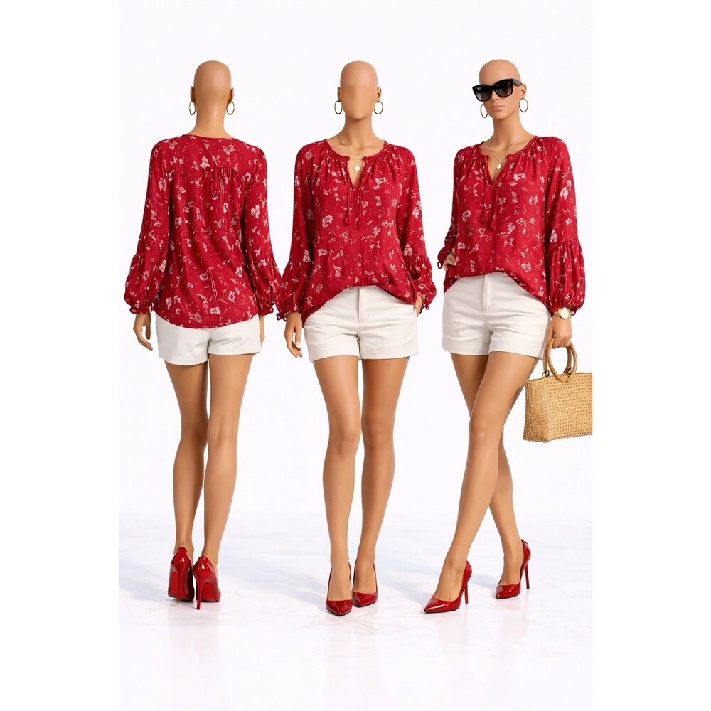 Universal Thread Women XXL Floral Boho Peasant Blouse Tie Neck Long Sleeve Rayon